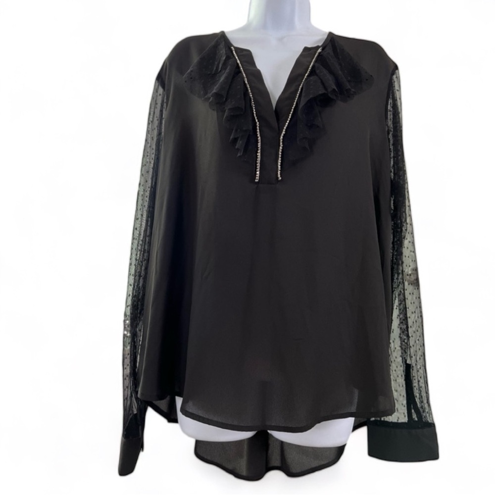 LIBBY Edelman Black Rhinestone V-Neck Sheer Long Sleeve Formal Top Size XXL NWT